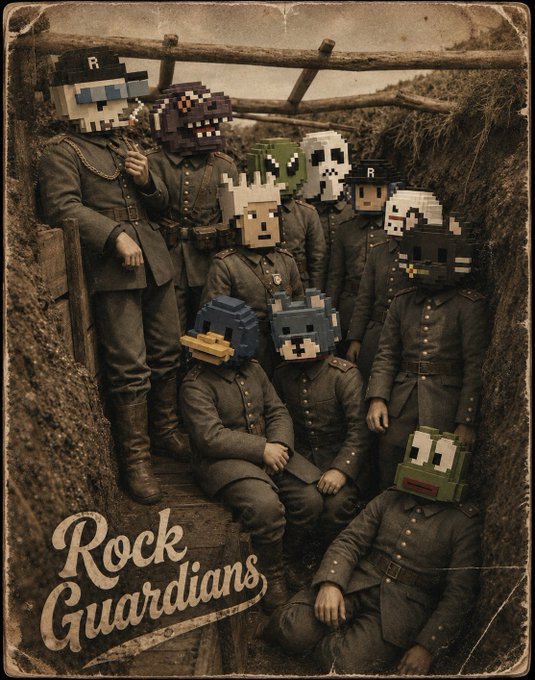 A sepia-toned vintage-style poster titled "Rock Guardians" showing soldiers in a WWI trench with their heads replaced by various 8-bit and pixelated video game character masks.