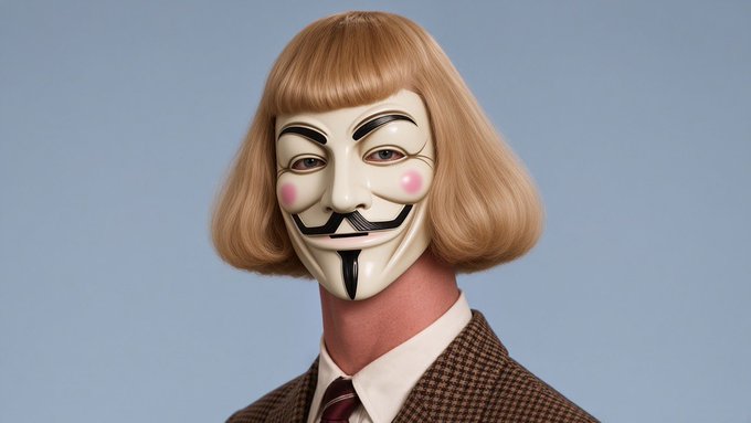 A person wearing a Guy Fawkes mask and blonde bob wig, styled to resemble Jean-Philippe, the mascot of the Jean Philippe Patisserie at Epcot, with the accompanying text clarifying that this is not the actual character but rather an anonymous figure playing on "PFP cult coins."