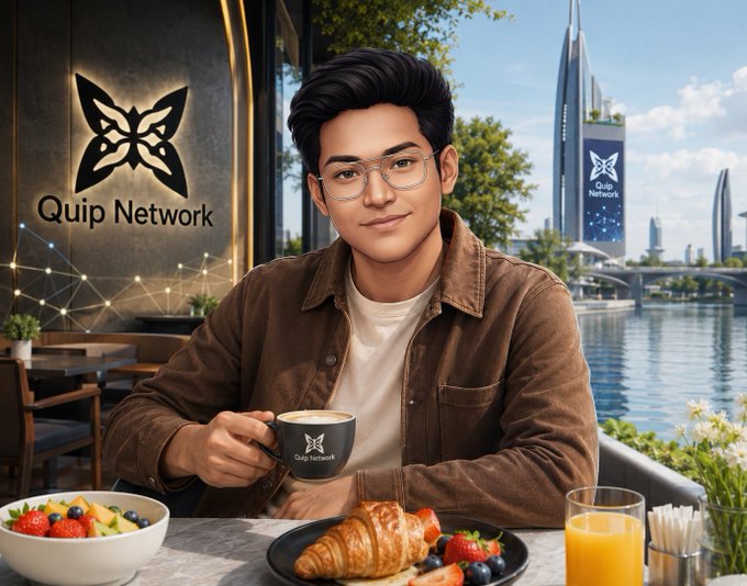 A digital illustration of a young man with glasses holding a "Quip Network" branded mug at a café, with the Quip Network logo on the wall and a futuristic cityscape in the background.