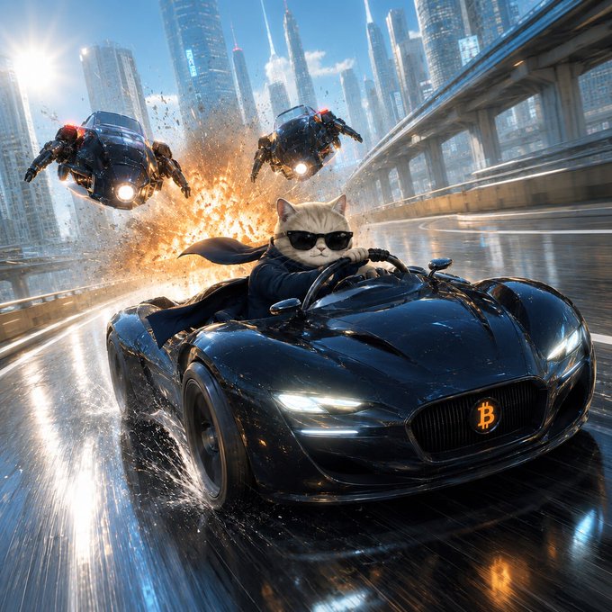An AI-generated image of a cat wearing sunglasses and a cape driving a black sports car with a Bitcoin logo on the grille, with flying drones and explosions in a futuristic city background.