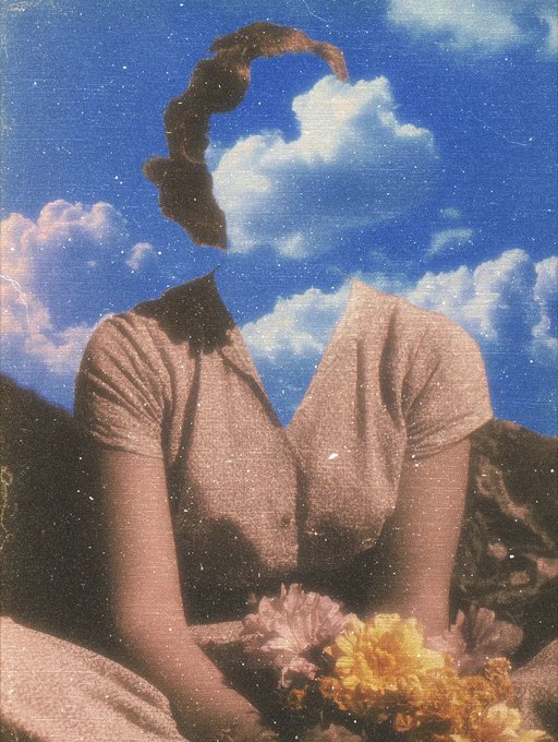 A surreal collage-style portrait shows a woman in a vintage beige dress whose head has been replaced by a billowing cloud against a blue sky, holding a bouquet of yellow and pink flowers. The dreamlike, fragmented imagery evokes a sense of ethereal displacement—perfectly matching the post's evocative caption "Somewhere between here and nowhere," with the cloud-head symbolizing a person lost between reality and imagination as she awaits bids on the NFT.