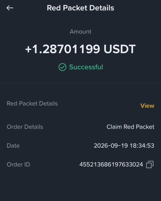 A mobile app screen titled 'Red Packet Details' showing a successful transaction of '+1.28701199 USDT' with an Order ID of 455213686197633024 dated 2026-09-19.
