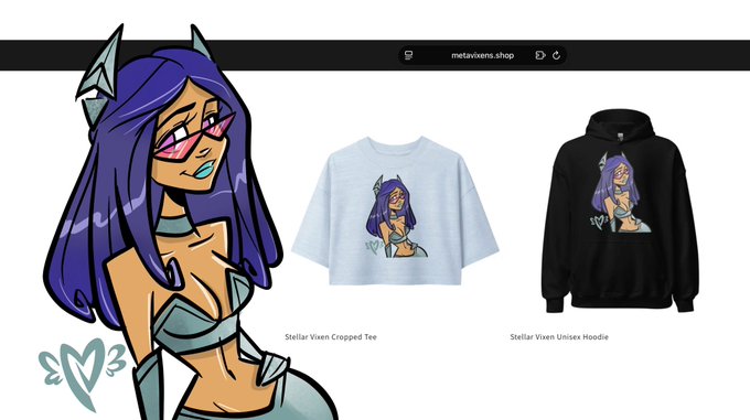 A merchandise store page for "metaxivens.shop" featuring anime-style character apparel, including a "Stellar Vixen Cropped Tee" and "Stellar Vixen Unisex Hoodie."