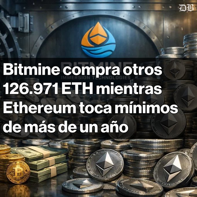 In the center of a black background featuring a white border, there is an advertisement for "Bitmine" that reads "Bitmine compra otro etros 126.971 ETH en una semana La empresa de Tom Lee refuerza su postura en Ethereum en medio de la caída del mercado". The text mentions that "bitmine" refers to a cryptocurrency exchange, and it highlights the importance of Bitcoin in today's technological landscape. 

The advertisement also shows various stacks of coins stacked up on a table, totaling up to five and a half stacks of Bitcoins. In addition, there is an image featuring a gold coin next to the stacks of Bitcoins. The overall theme conveys the potential growth and value associated with Bitcoin as a financial asset.