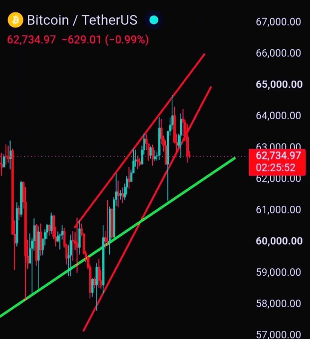 A Bitcoin/TetherUS candlestick chart shows BTC trading at 62,734.97, down 629.01 (-0.99%), with technical analysis lines drawn showing a rising channel pattern, supporting the post's recommendation to open a long position targeting $65,200 with a tight stop loss at $63,000.
