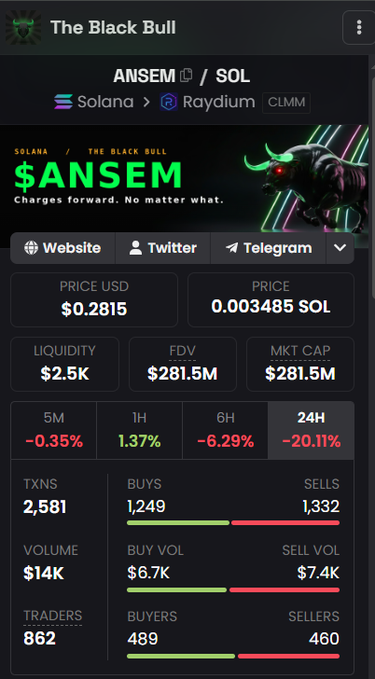 Cryptocurrency token page showing "The Black Bull" (ANSEM/SOL) on Solana/Raydium with a price of $0.2815, a 24H change of -20.11%, market cap of $281.5M, 862 traders, and the tagline "Charges forward. No matter what."