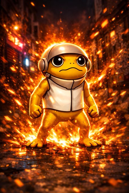 A digital artwork depicts a small yellow turtle-like character wearing headphones and a vest, standing amidst fiery sparks on a wet urban street.