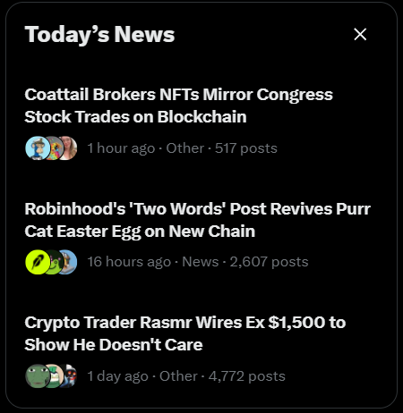 A mobile app's "Today's News" feed displays three crypto and finance-related headlines, including stories about Coattail Brokers NFTs mirroring Congress stock trades on blockchain, Robinhood's "Two Words" post reviving a Purr Cat Easter egg, and Crypto Trader Rasmr wiring $1,500 to prove a point. The feed shows post timestamps ranging from 1 hour to 1 day ago, with engagement numbers ranging from 517 to 4,772 posts, suggesting a well-curated and active news section that the user is pleased with.