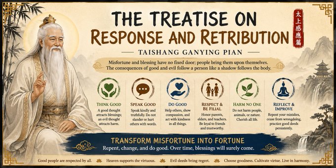 An illustrated poster titled 'THE TREATISE ON RESPONSE AND RETRIBUTION (Taishang Ganying Pian)' featuring a wise sage and six principles: Think Good, Speak Good, Do Good, Respect & Be Filial, Harm No One, Reflect & Improve.