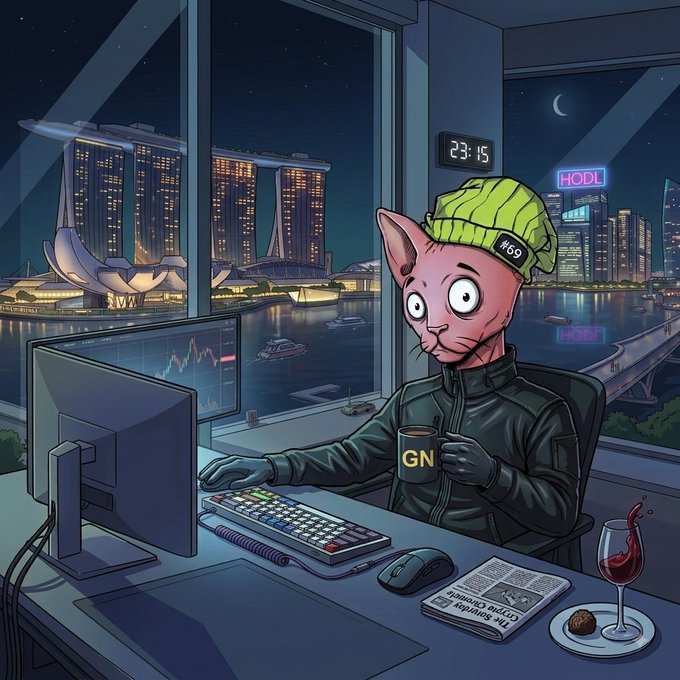An animated cat wearing a green beanie trades crypto at a computer desk overlooking a futuristic Singapore skyline, with a 'HODL' neon sign and a 'GN' mug visible.