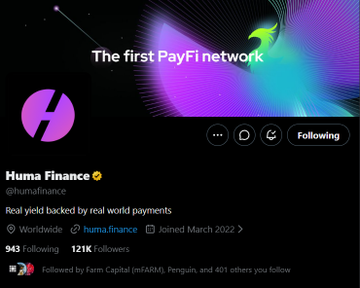 The image showcases a black Twitter feed with a post from Huma Finance that promotes their new peer-to-peer lending platform called 'The First PayFi Network'. The post features an image of a colorful bird, and the hashtag #Humafinance is used within the content.