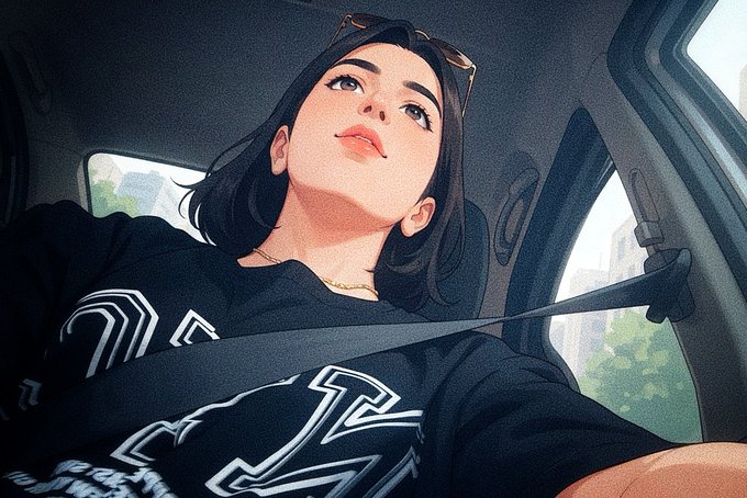 An illustrated portrait of a young woman with dark hair wearing a black t-shirt with a white design, sitting in a car with sunglasses perched on her head and looking upward.