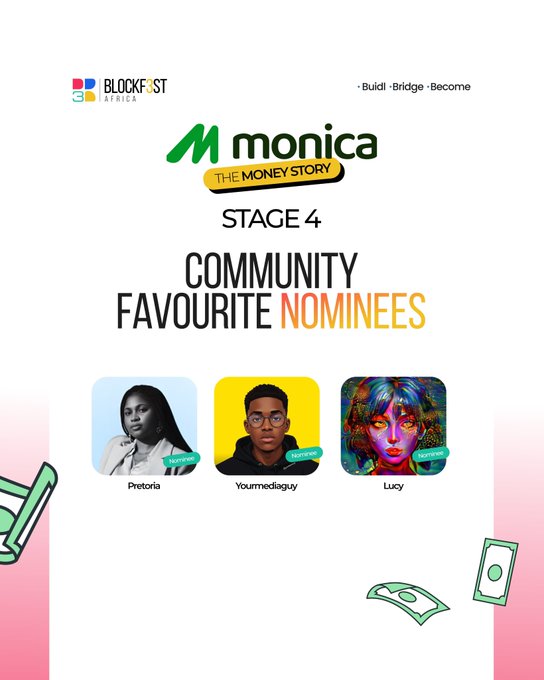 A promotional graphic for "Blockfest Africa × Monica: The Money Story" Stage 4 Community Favourite Nominees, featuring three nominees—Pretoria, Yourmediaguy, and Lucy. The post celebrates the creator's nomination as Community Favorite Creator of the Week and asks followers to vote for them.