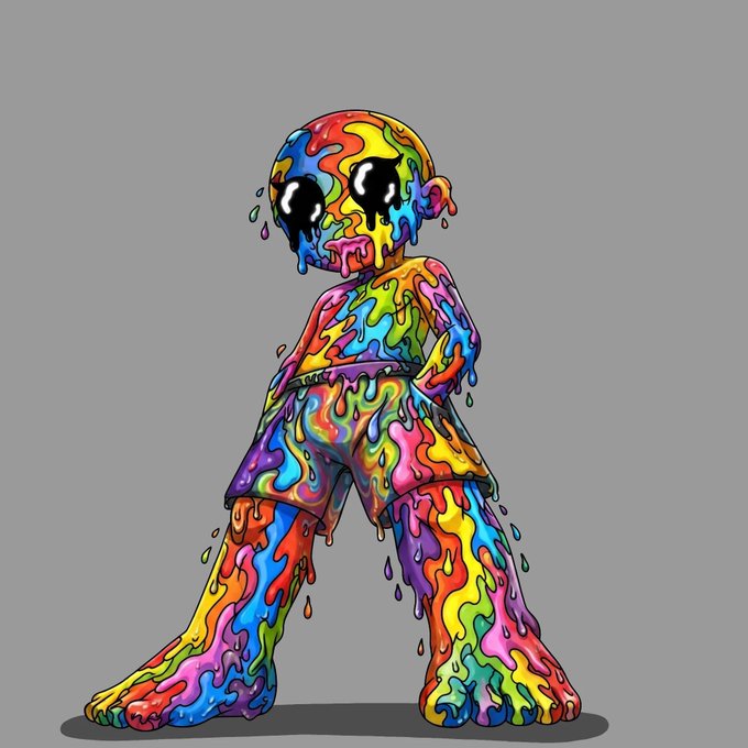 A cartoonish humanoid figure composed of dripping, vibrant rainbow-colored paint stands against a gray background, with black "X" eyes and an unsettling, melting appearance. The psychedelic, chaotic artwork pairs with the casual "gm" (good morning) greeting to create a surreal, trippy contrast—blending a wholesome crypto/social media salutation with eerie, fluid body horror aesthetics.
