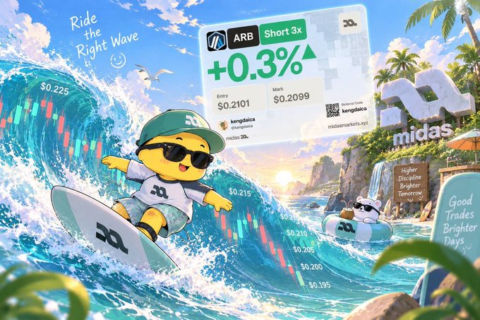 An illustrated promotional graphic shows a yellow mascot in sunglasses surfing a wave, with a chart displaying 'ARB Short 3x' at '+0.3%' and entry/mark prices of $0.2101 and $0.2099.