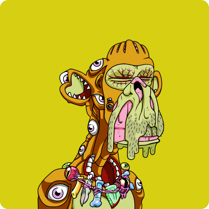 A surreal grotesque cartoon illustration on a bright yellow background depicting a bizarre creature with multiple eyes, sharp teeth, a bearded face, and abstract organic body parts.