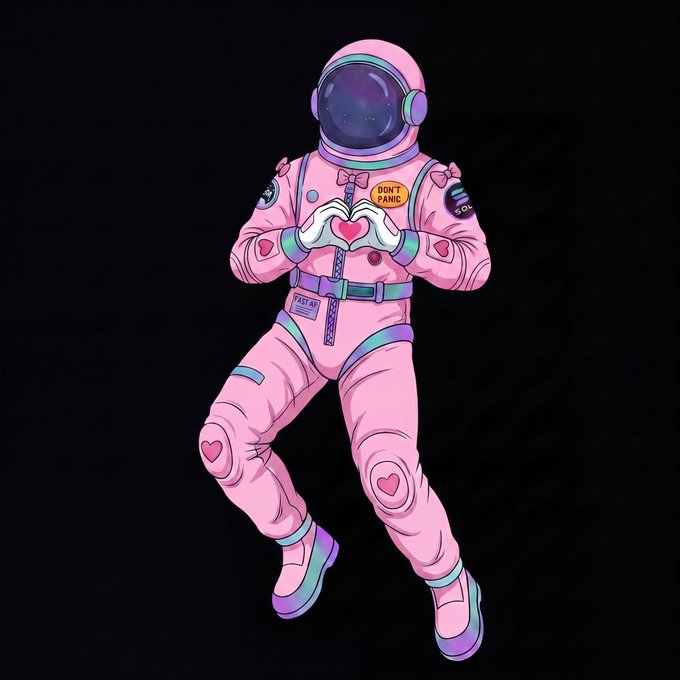 An illustration of an astronaut in a pink spacesuit with rainbow accents, making a heart shape with their hands against a black background, featuring patches reading 'DON'T PANIC' and '50%'.
