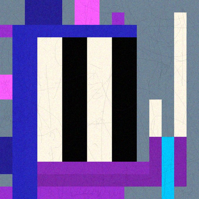 An abstract geometric artwork featuring a textured surface with blue, purple, pink, black, and cream rectangular shapes.
