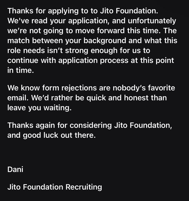 Rejection email from Jito Foundation Recruiting, signed by Dani, informing the applicant they won't be moving forward due to a mismatch between their background and role requirements.