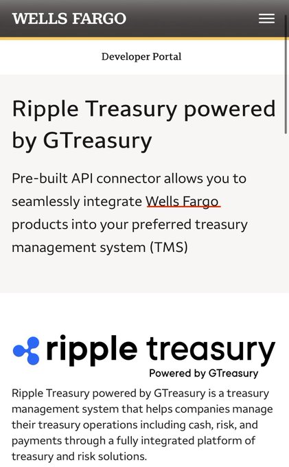 A screenshot of the Wells Fargo Developer Portal page highlighting "Ripple Treasury powered by GTreasury," describing it as a pre-built API connector that integrates Wells Fargo products with treasury management systems. The image supports the post's claim of major bank adoption of Ripple ($XRP) by showcasing Wells Fargo as one of the financial institutions leveraging Ripple's blockchain-based treasury solutions, alongside the other banks mentioned.