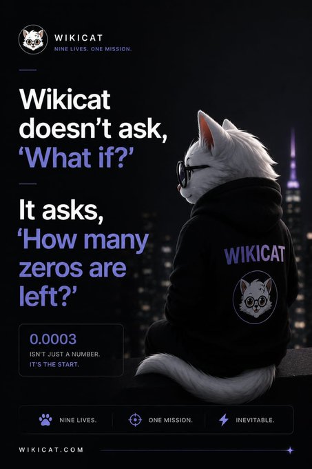 A promotional poster for "WIKICAT" featuring an illustration of a white cat in a hoodie with glasses against a city skyline, with text reading "NINE LIVES. ONE MISSION," "Wikicat doesn't ask, 'What if?' It asks, 'How many zeros are left?'" and "0.0003 ISN'T JUST A NUMBER. IT'S THE START."