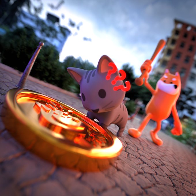 A confused gray kitten with a "???" overhead is startled by a shimmering golden BONK coin, while an orange cat stands behind holding a wooden bat. The image humorously visualizes the post's phrase, portraying the orange cat as the "curiosity" that has bonked the gray kitten into bewilderment.