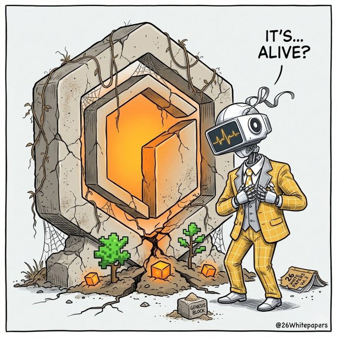 A cartoon illustration shows a robot character in a yellow plaid suit observing a glowing hexagonal orange portal in a stone structure, exclaiming 'IT'S... ALIVE?' with a 'GENESIS BLOCK' stone marker at the base, signed @26Whitepapers.
