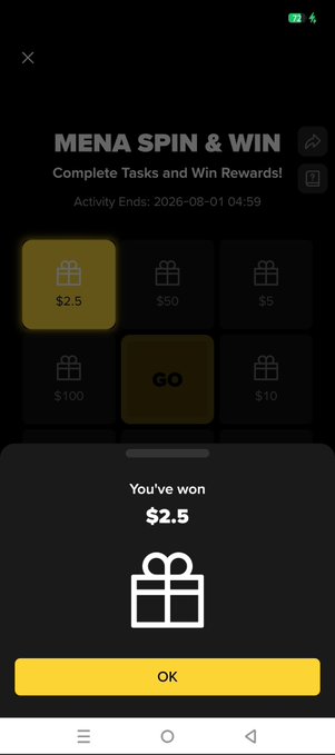 A 'MENA Spin & Win' app screen showing a completed task reward where the user has won $2.5, displayed with gift box icons and a yellow OK button.