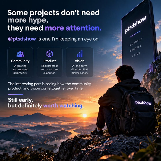 A promotional graphic for "@ptsdshow" featuring a person sitting on a cliff overlooking a sunrise, with a billboard showing the "ptsdshow" logo. The text reads "Some projects don't need more hype, they need more attention. @ptsdshow is one I'm keeping an eye on." followed by sections for "Community", "Product", and "Vision", and concluding with "Still early, but definitely worth watching."