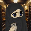 A small avatar-style illustration of an anime character with blue eyes wearing a black niqab and holding a piece of paper, set against a library background.