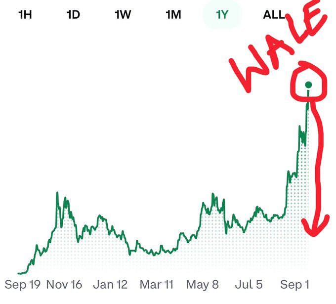 A 1-year price chart showing a sharp "WAVE" peak near "Sep 1" followed by a steep decline, visually supporting the post's sentiment that it's "time to leave Zcash behind guys" due to the dramatic crash.