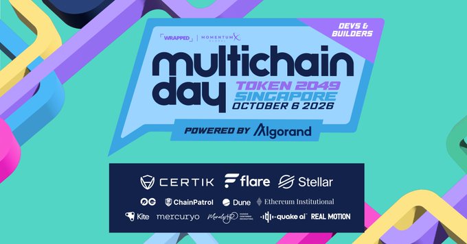 A colorful promotional graphic for 'Multichain Day' at Token2049 Singapore on October 8, 2026, powered by Algorand, listing sponsors including Certik, Flare, Stellar, ChainPatrol, and others.