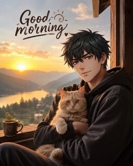 Anime-style illustration of a black-haired young man in a hoodie holding a cream-colored cat at sunset, with 'Good morning' written above him and a coffee mug on the windowsill overlooking a mountain lake.