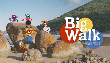 A promotional image for "Big Walk by House House" displays colorful quirky bird-like characters perched on rocks along a coastal shoreline with green hills in the background.