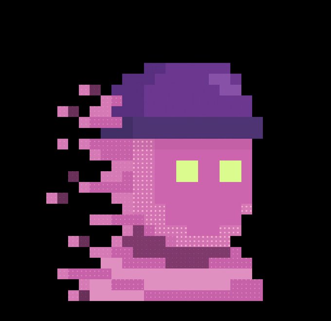 A pixel art illustration of a pink character wearing a purple beanie, shown dissolving or glitching into pixelated fragments on the left side against a black background, likely a piece from the @zksnarks_ NFT collection being considered as a profile picture.