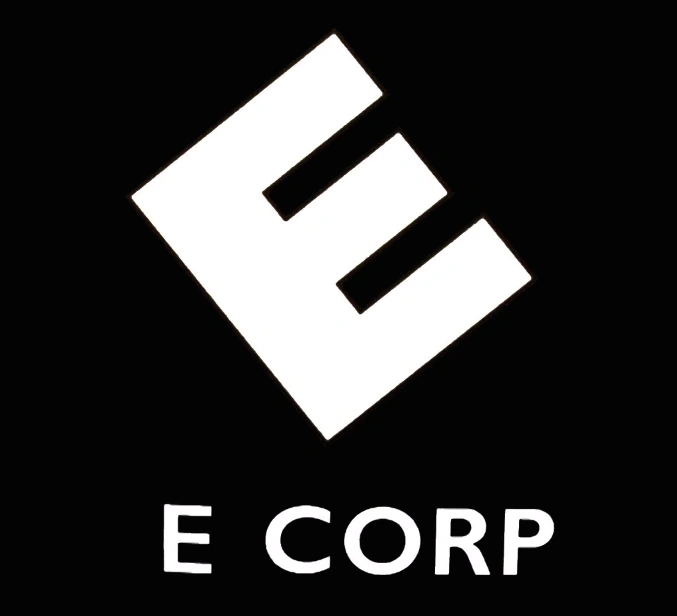 A black background displaying a white geometric logo and the text 'E CORP'.