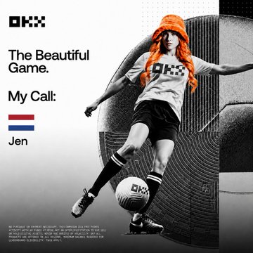 The image features an advertisement for a soccer game that includes a woman wearing an orange hat and a white shirt with "OK" written on it, as well as a soccer ball. The text of the post reads "The Beautiful Game is free to play on @okx ICL I don' know anything about soccer but everyone always assumes i'm a Netherlands fan so here we are I love onboarding activities like this, you don' need crypto to play (and all my normie friends know way more about soccer". The image also includes the text "My Call: Jen" and "No purpose in paying for something that's free", suggesting that the game is open to everyone.