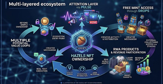 An infographic titled 'Multi-layered ecosystem' illustrates the 'HAZELS NFT OWNERSHIP' model, detailing value loops, attention layers, and RWA products with icons like treasure chests, a megaphone, and luxury items.