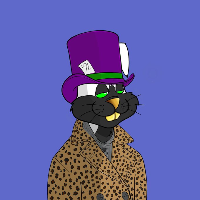 A cartoon illustration depicts a black cat character wearing a purple top hat with a '%' card tucked in the band, dressed in a brown leopard-print coat against a solid purple background.