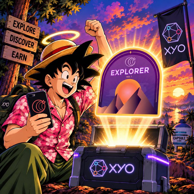 An anime-style promotional image features a character in a straw hat with an 'XYO' branded chest, surrounded by signs reading 'EXPLORE', 'DISCOVER', 'EARN', and 'EXPLORER NO-1'.