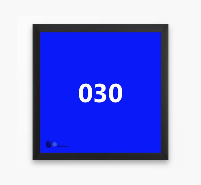 A black framed poster with a blue background displays the number '030' in large white text.
