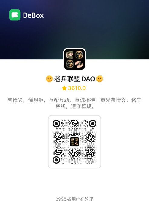 A DeBox community page for '老兵联盟 DAO' showing a rating of 3610.0, a QR code, and the text '2995 名用户在这里' (2995 users here).