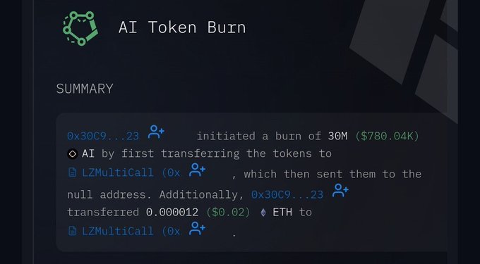 A dark-themed summary panel titled 'AI Token Burn' describing a transaction where address 0x30C9...23 initiated a burn of 30M ($780.04K) AI tokens, transferring them to LZMulticall (0x...) and then to a null address, plus 0.000012 ($0.02) ETH.