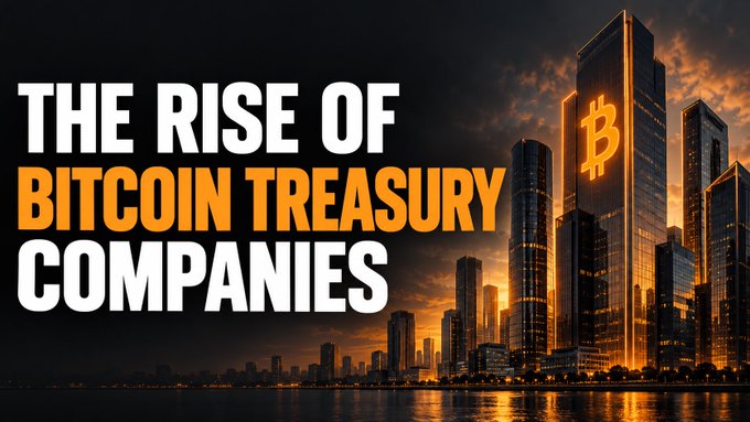A graphic with bold white and orange text reading 'THE RISE OF BITCOIN TREASURY COMPANIES' set against a backdrop of illuminated skyscrapers at sunset with a Bitcoin logo.