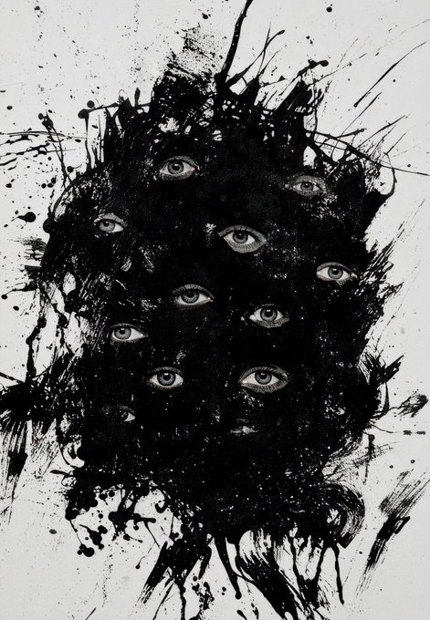 A dark, abstract artwork featuring multiple realistic human eyes emerging from a mass of black ink splatters and brushstrokes against a white background.