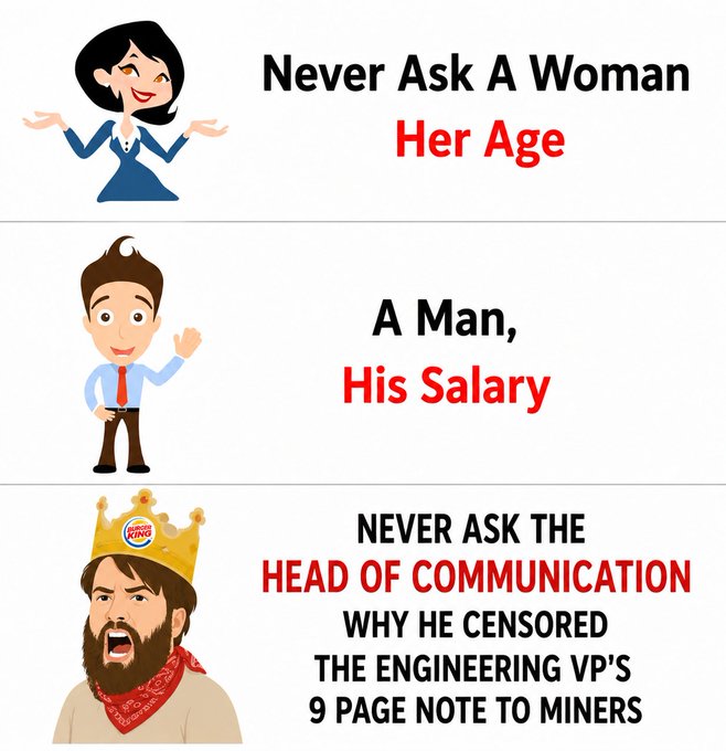 A meme showing the Burger King character with text reading "NEVER ASK THE HEAD OF COMMUNICATION WHY HE CENSORED THE ENGINEERING VP'S 9 PAGE NOTE TO MINERS," referencing Ocean (OCEAN) mining pool's suppression of VP Jason's 9-page BIP110 document by its head of communications.