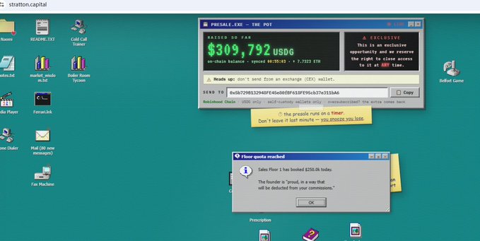 A vintage Windows 95-style desktop screenshot displays a "PRESALE.EXE" application for "THE POT" showing a balance of $309,792 USD6 raised on-chain, with a "Floor quota reached!" popup confirming 14 days left and a founder who "is proof, in a way that will be deducted from your commissions."