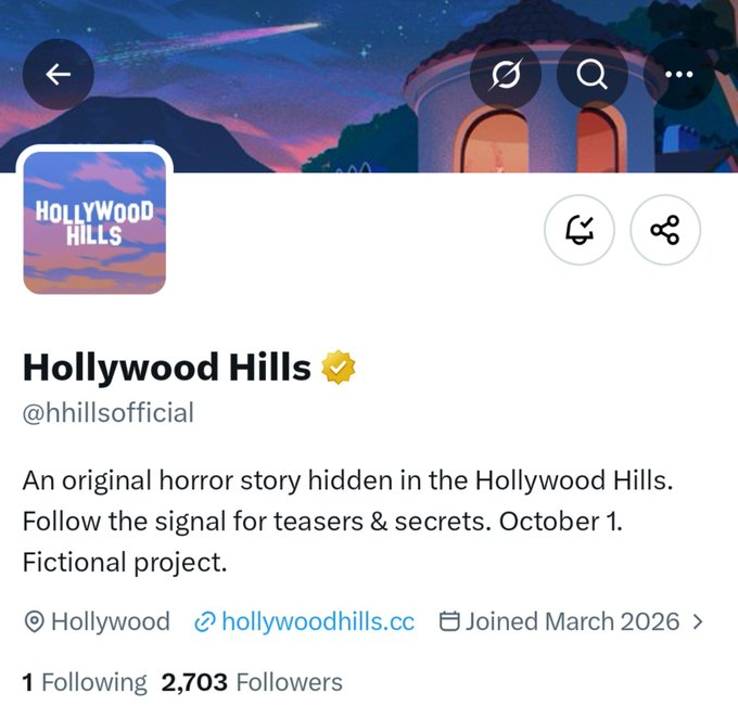 A Twitter/X profile page for 'Hollywood Hills' (@hhillsofficial), a verified account describing itself as 'An original horror story hidden in the Hollywood Hills' launching October 1, with 2,703 followers.