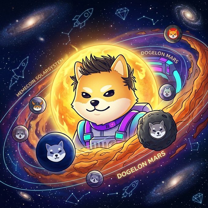A vibrant space-themed digital artwork featuring a Shiba Inu dog astronaut in front of a sun, with 'DOGELON MARS' and 'MEMECOIN SOLARSYSTEM' text and surrounding planet icons with dog faces.