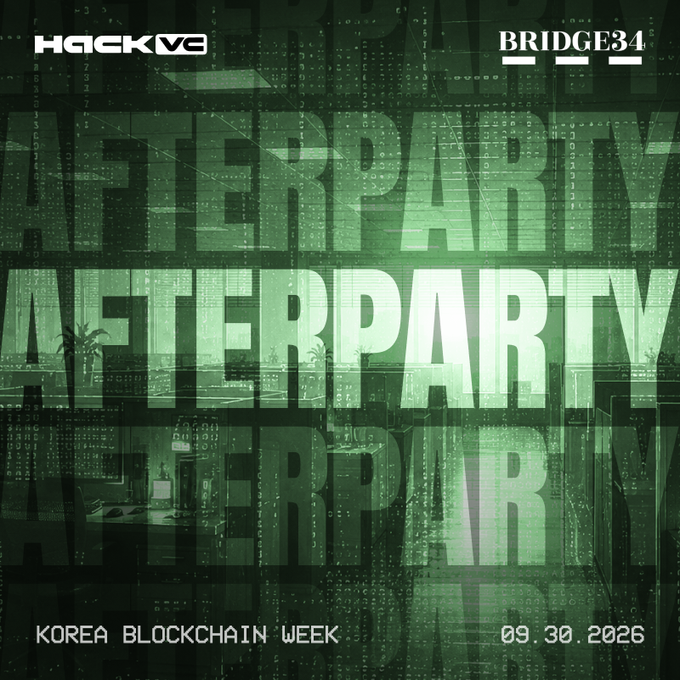 A dark green cyber-themed event poster for HACK VC and BRIDGE34, displaying 'CYBERPARTY' in large letters with 'KOREA BLOCKCHAIN WEEK' and the date '09.30.2026' at the bottom.